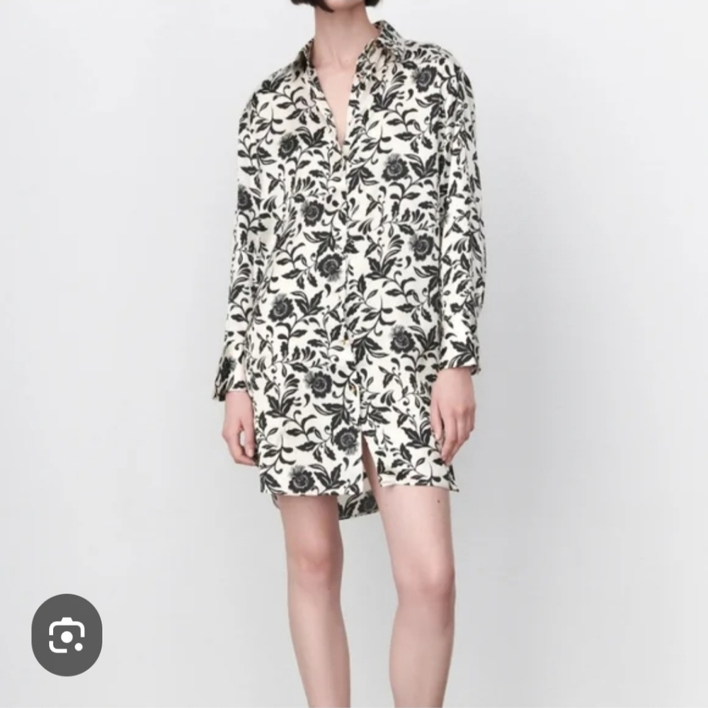 Zara Black & White Floral Button-Down Tunic Dress Sz XS